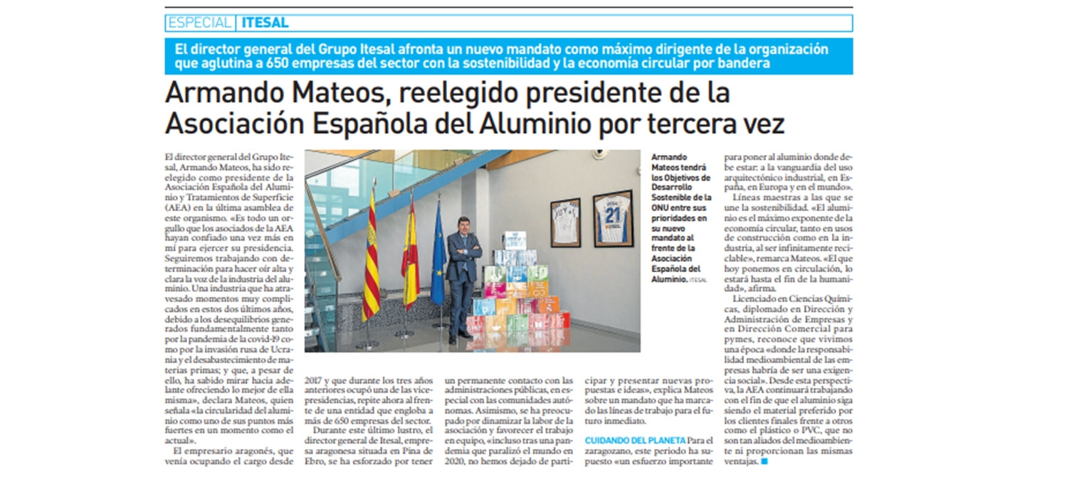 Heraldo de Aragón se hace eco de la reelección de Armando Mateos como presidente de la Asociación Española del Aluminio